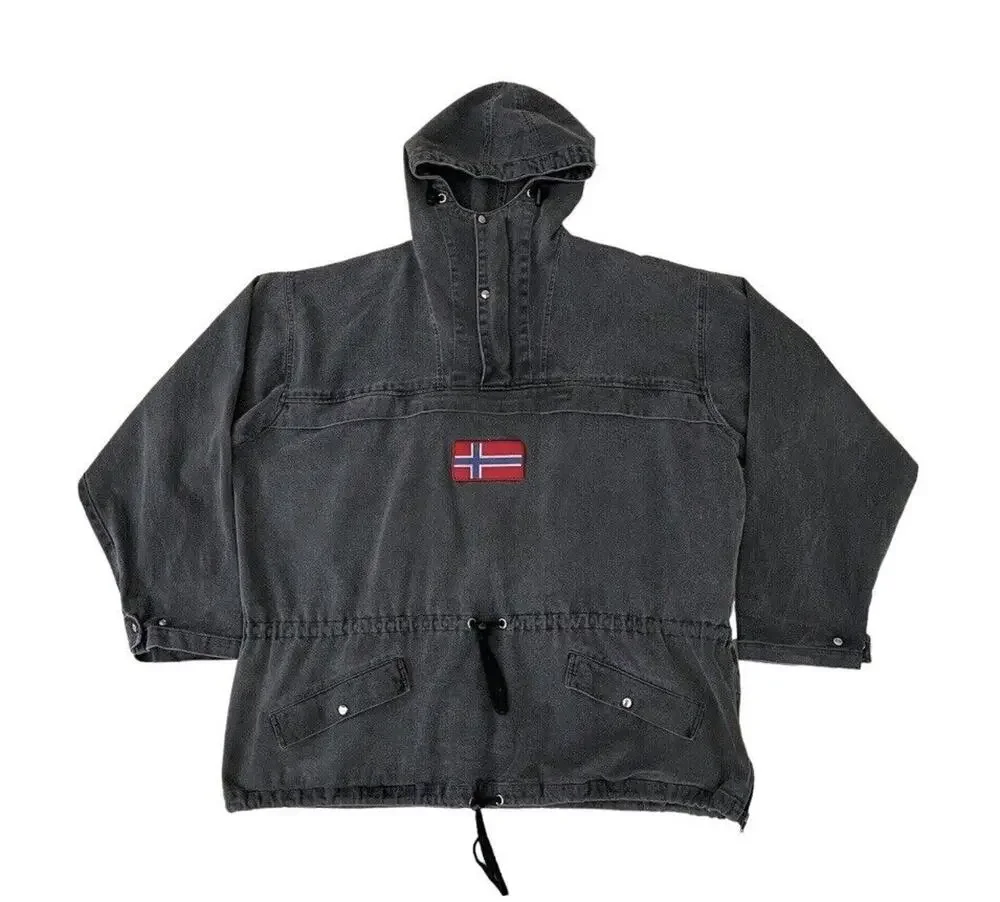 J.Peterman Jacket Mens XL Black Norway Flag Pullover Denim Parka Vintage 90s - Picture 1 of 9